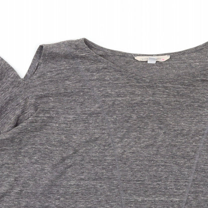 Close-up detail of haute society women’s grey basic blouse, size L, - open shoulder