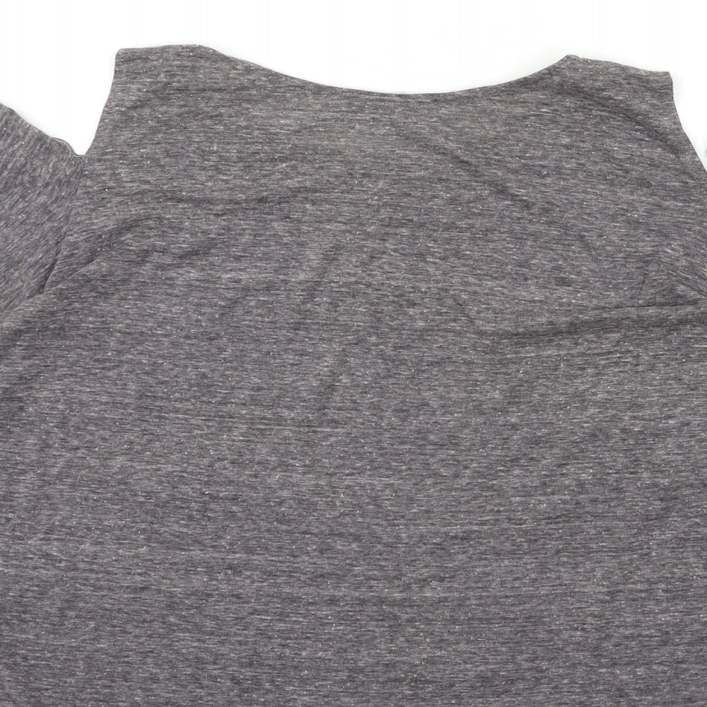 Brand and care label for haute society women’s grey basic blouse, size L, - open shoulder