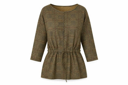 Front view of women’s brown check pullover sweatshirt, size S