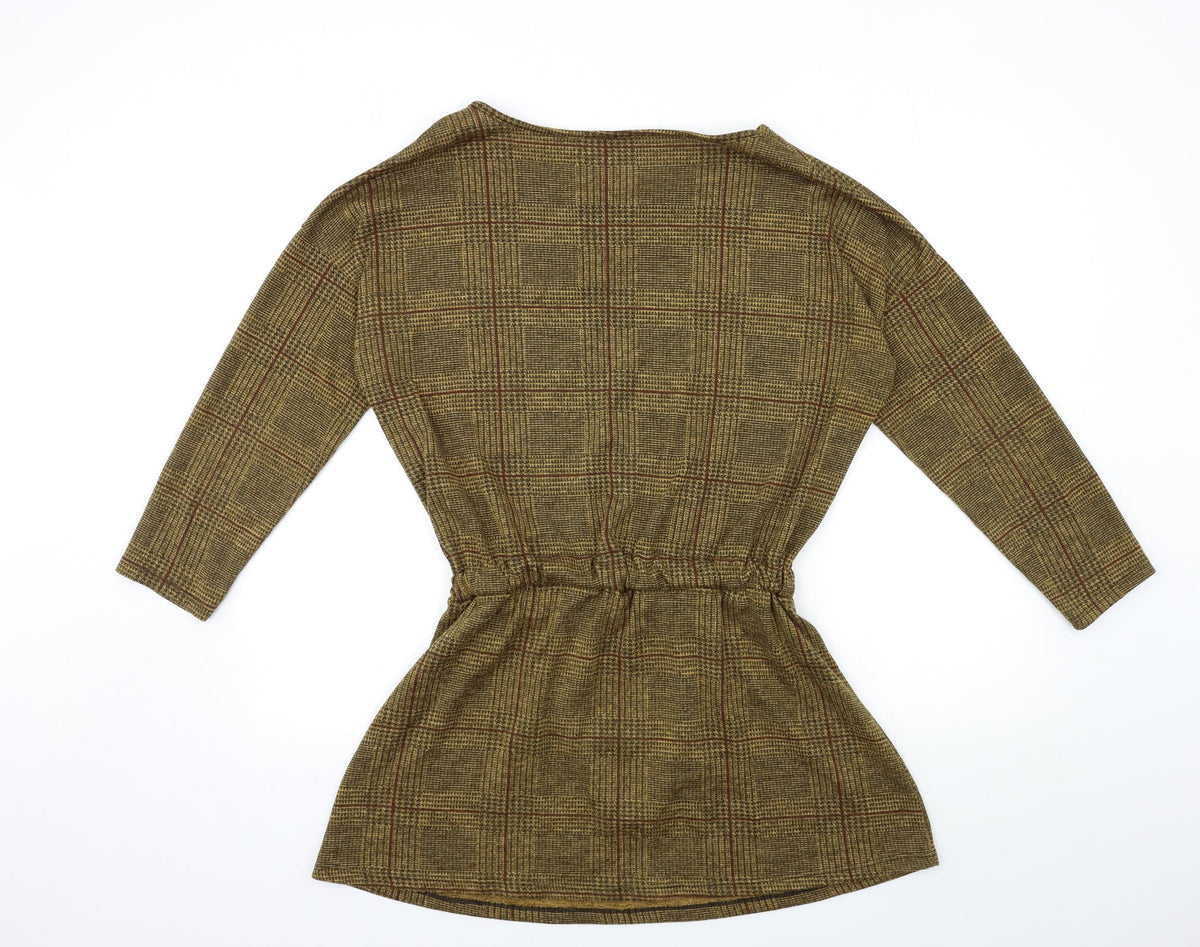 Back view of women’s brown check pullover sweatshirt, size S