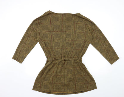 Back view of women’s brown check pullover sweatshirt, size S
