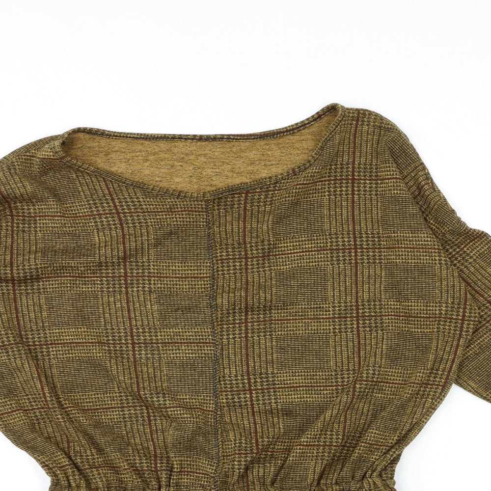 Close-up detail of women’s brown check pullover sweatshirt, size S
