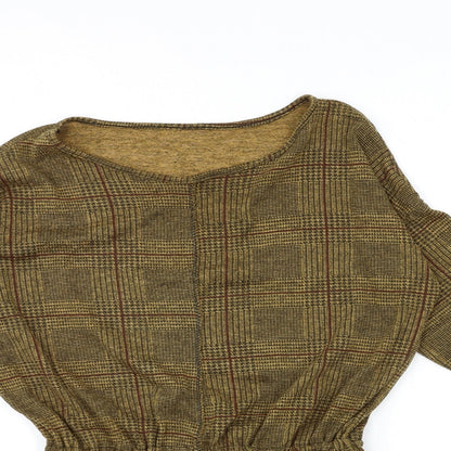 Close-up detail of women’s brown check pullover sweatshirt, size S
