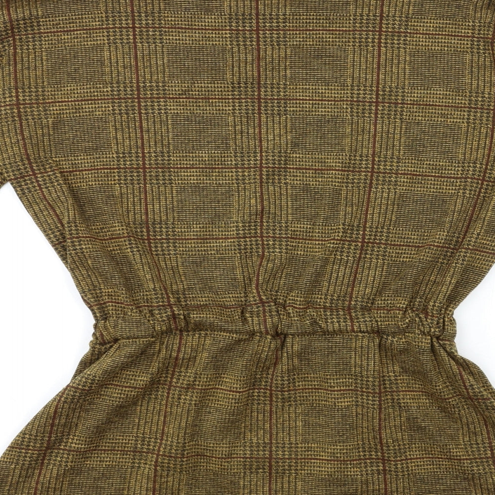Brand and care label for women’s brown check pullover sweatshirt, size S
