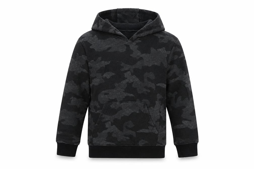 Front view of Matalan boys’ grey camouflage pullover hoodie, size 7, years