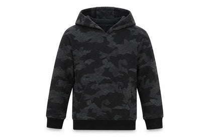Front view of Matalan boys’ grey camouflage pullover hoodie, size 7, years