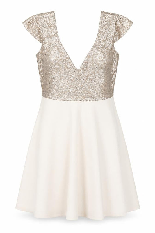 Front view of ASOS women’s beige skater dress, size UK 10
