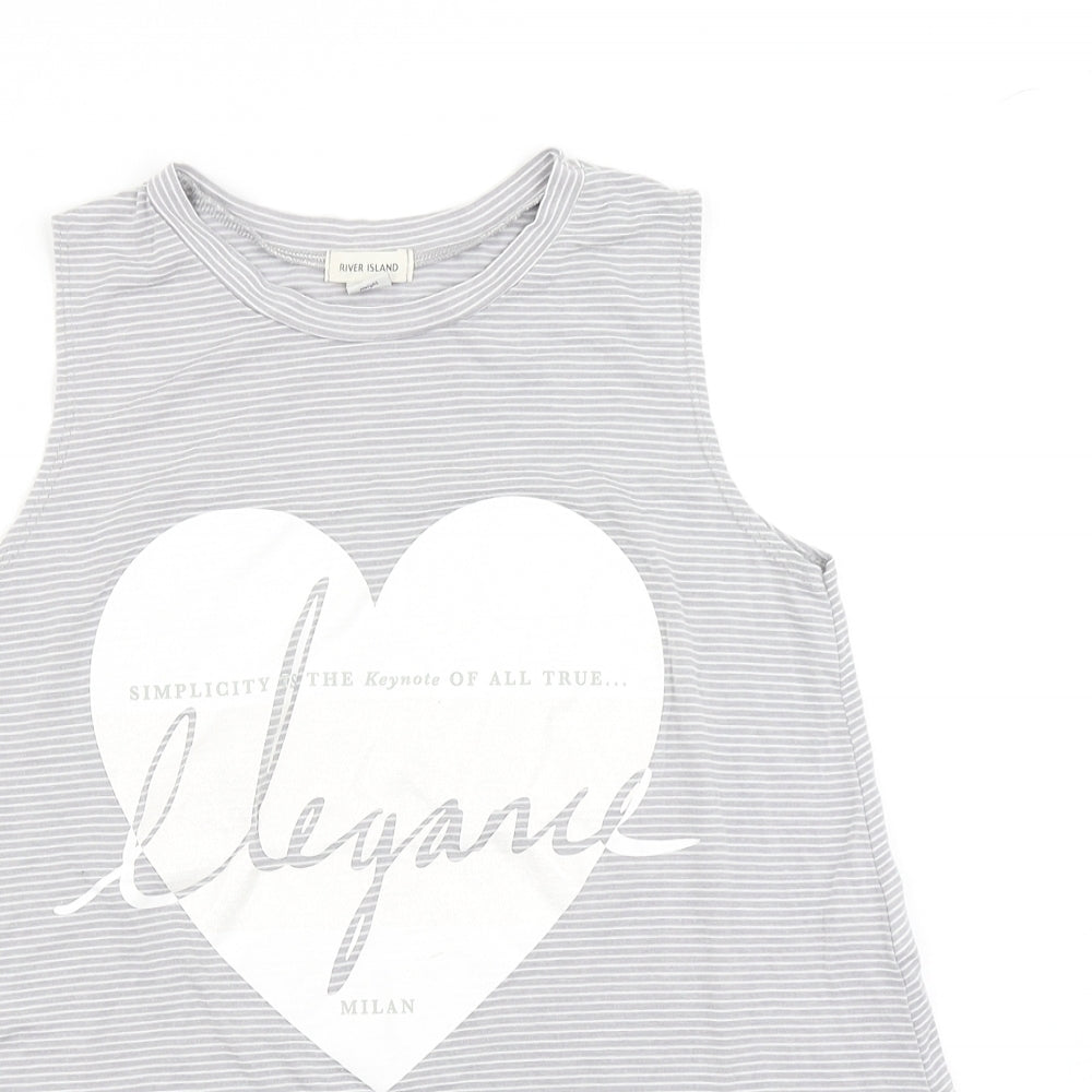 Close-up detail of River Island girls’ grey striped basic tank, size 10-11, years