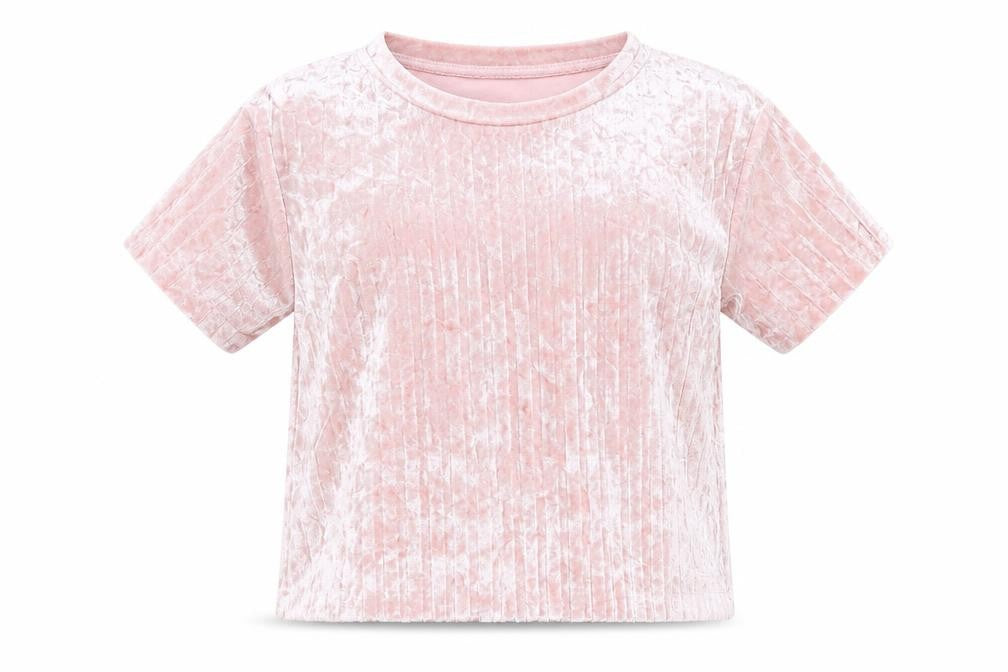 Front view of Minoti girls’ pink velour basic t-shirt, size 5-6, years