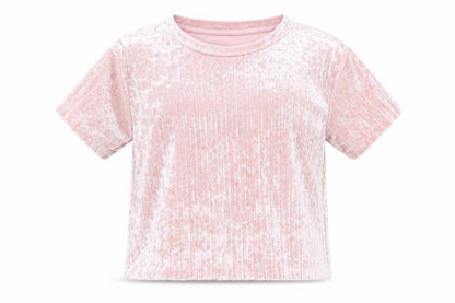 Front view of Minoti girls’ pink velour basic t-shirt, size 5-6, years