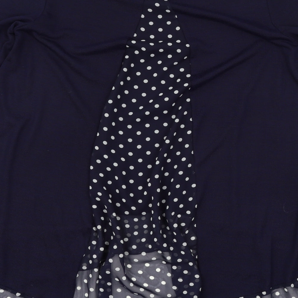 Brand and care label for Mitsy women’s blue polka dot knit jumper, size S