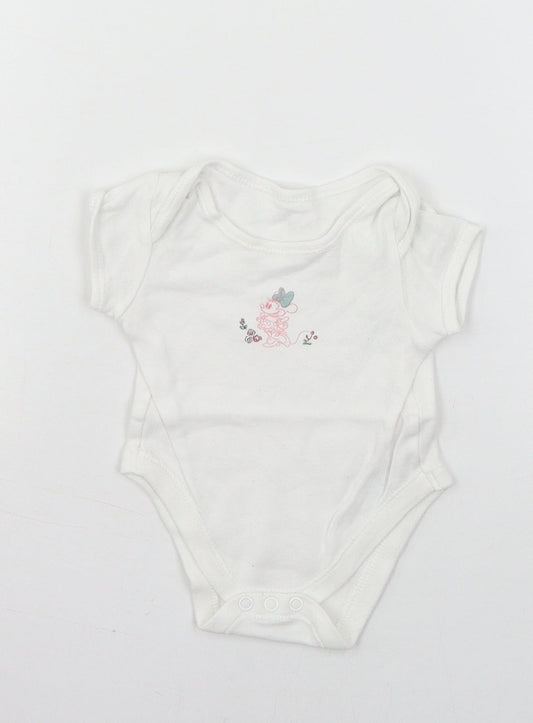 Front view of Disney Baby White Jersey Babygrow One-Piece, size 0-3, Months - Minnie Mouse