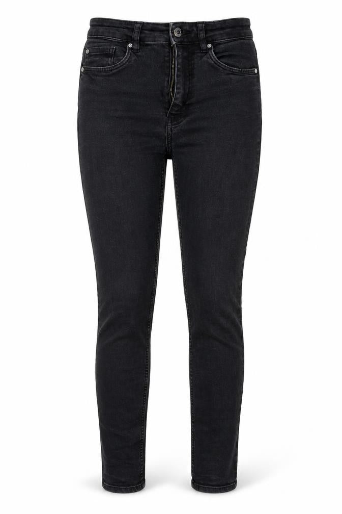 Front view of H&M women’s black denim jegging jeans, size UK 6, 27-inch leg