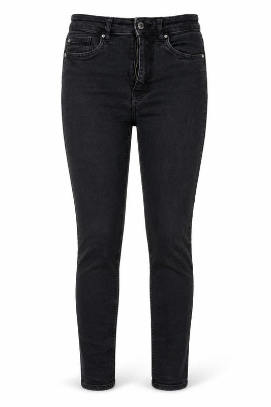 Front view of H&M women’s black denim jegging jeans, size UK 6, 27-inch leg