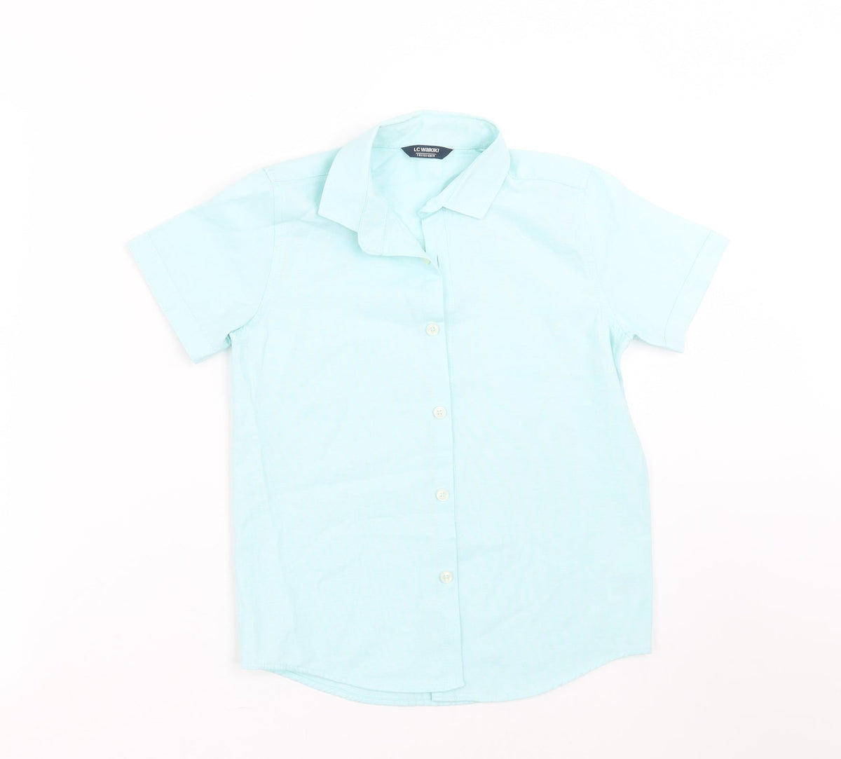 Front view of LC Waikiki boys’ green basic button-up, size 7-8, years