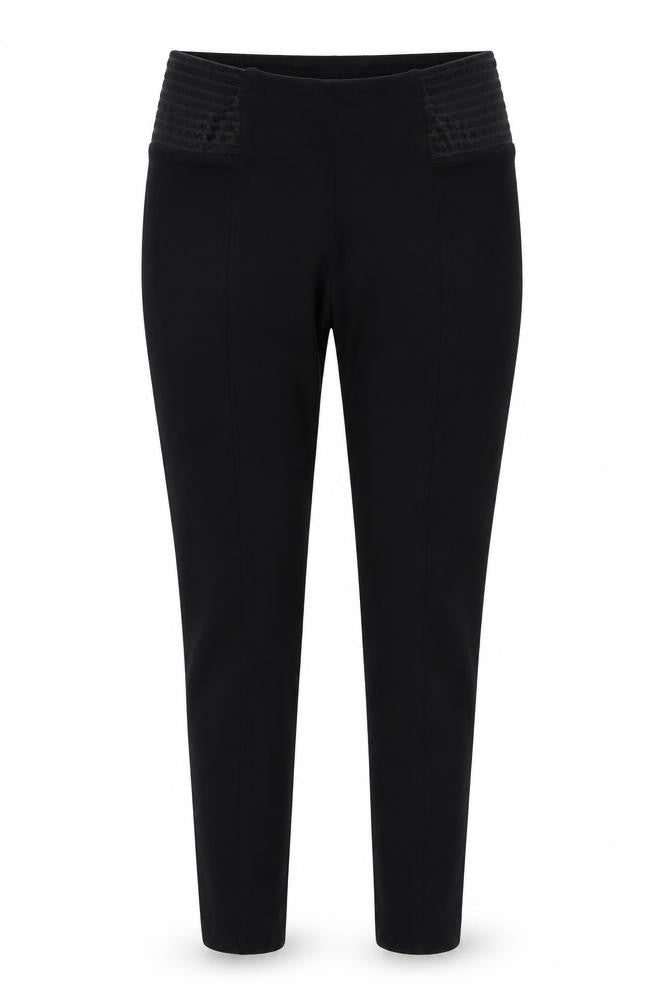 Front view of Topshop women’s black trousers, size UK 12, 21-inch leg