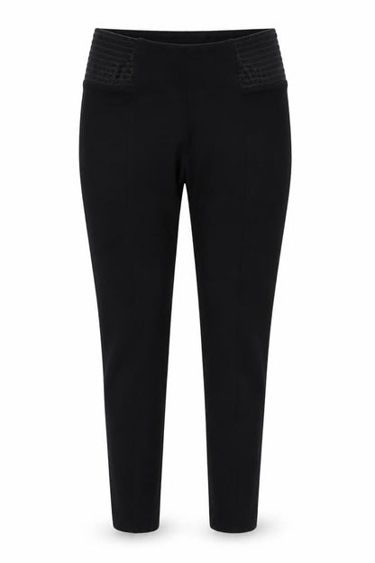 Front view of Topshop women’s black trousers, size UK 12, 21-inch leg