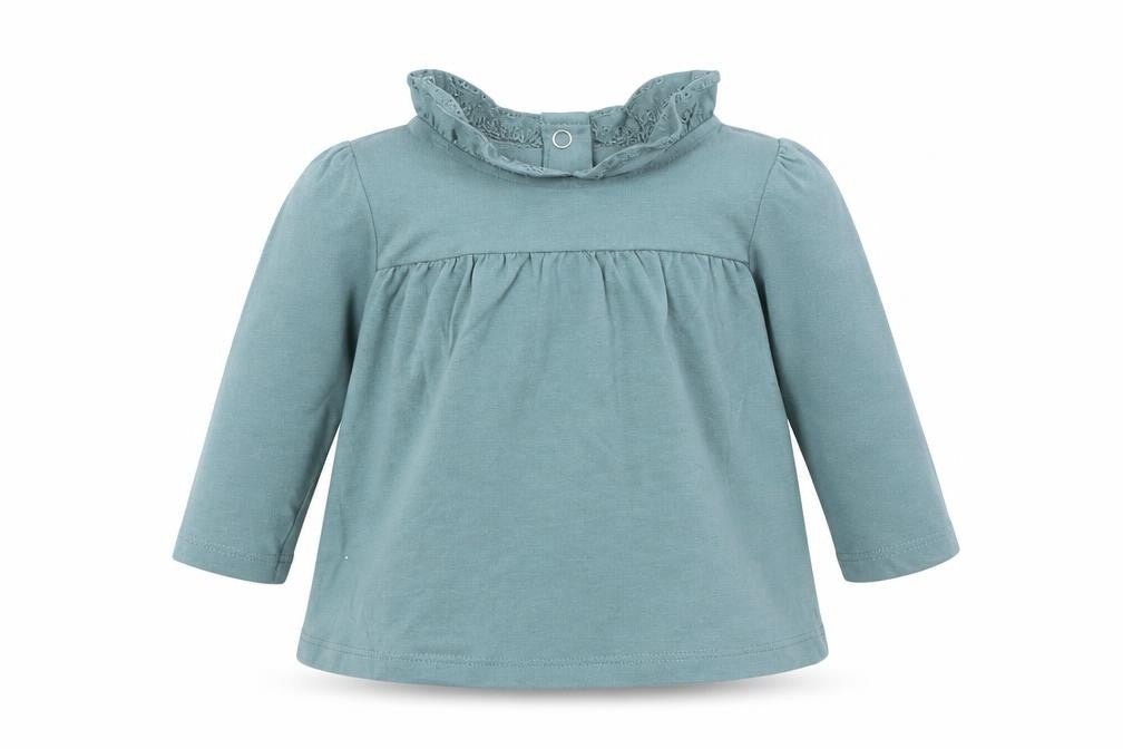 Front view of Tu girls’ green basic t-shirt, size 3-6, months