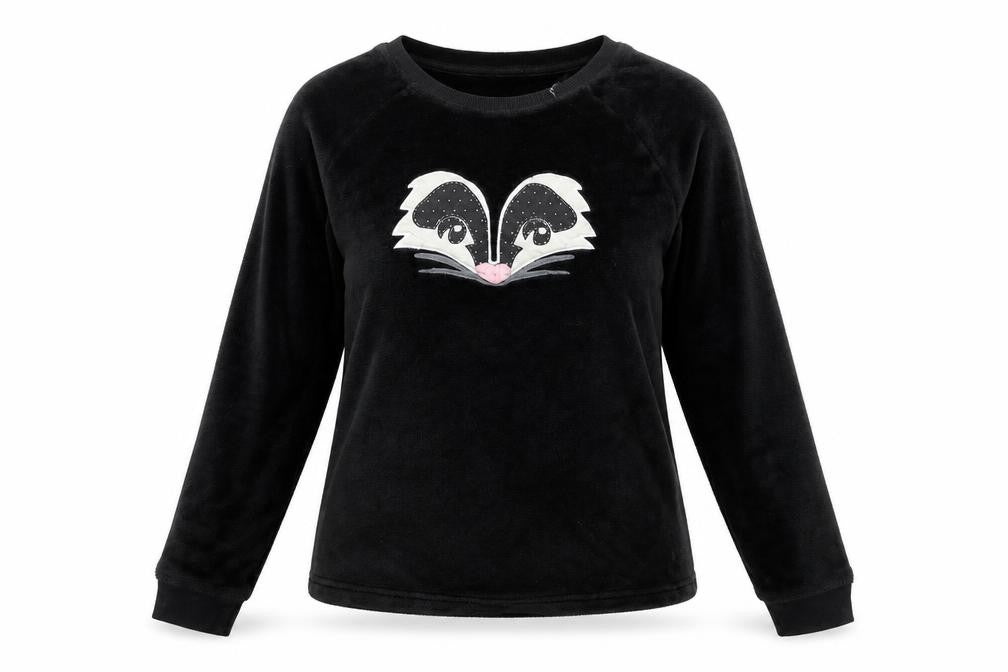 Front view of Marks & Spencer women’s black solid fleece top pyjama top, size UK 8, - skunk