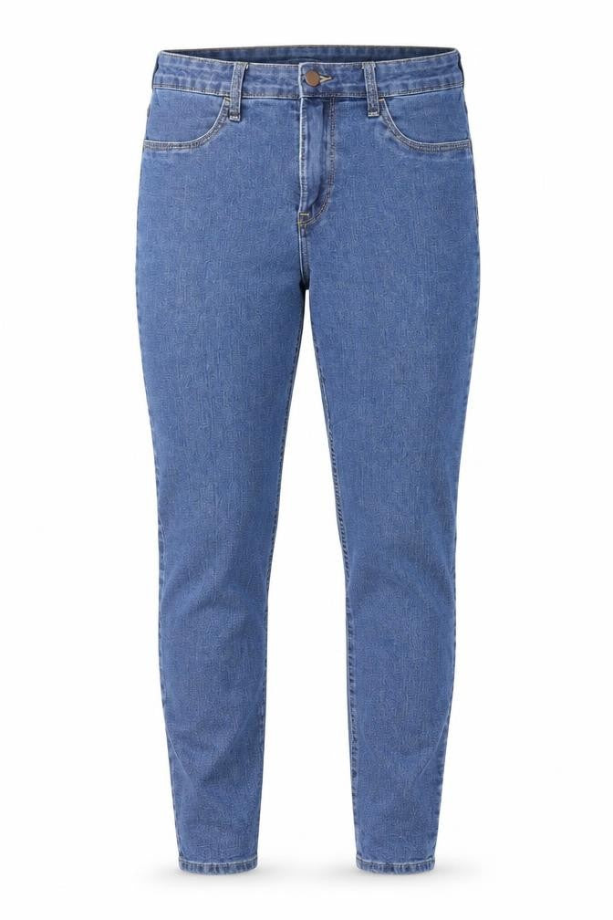 Front view of women’s blue denim skinny jeans, size UK 31, in, 28-inch leg