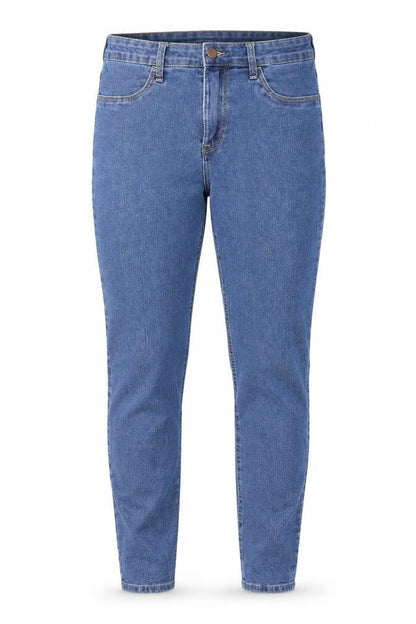 Front view of women’s blue denim skinny jeans, size UK 31, in, 28-inch leg