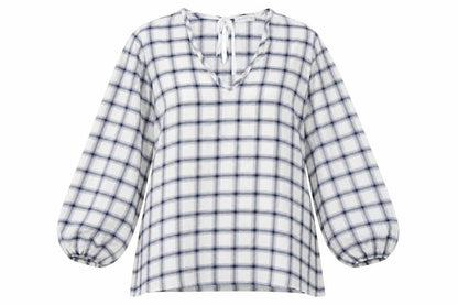 Front view of Matalan women’s blue check pullover sweatshirt, size UK 12