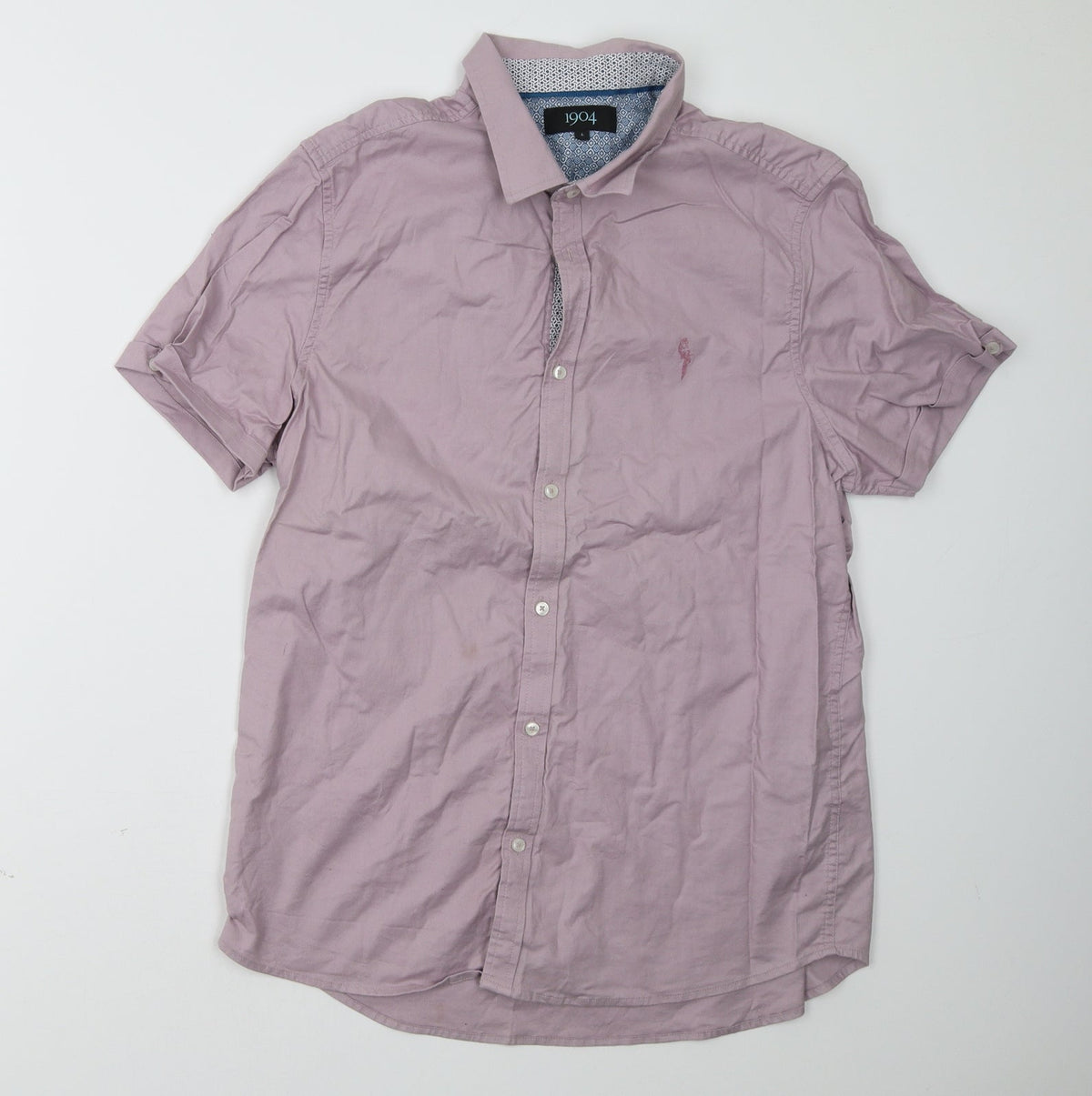 Front view of 1904 men’s purple polo, size L