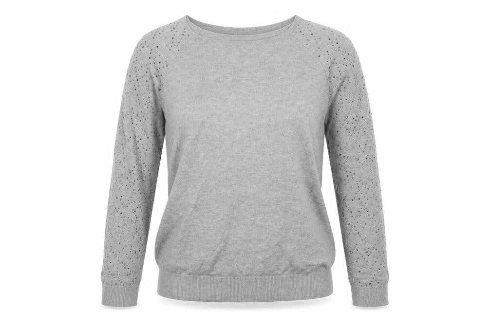 Front view of Warehouse women’s grey pullover sweatshirt, size UK 10