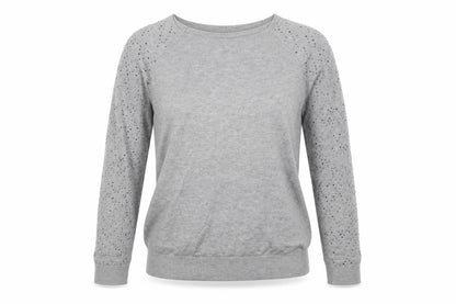 Front view of Warehouse women’s grey pullover sweatshirt, size UK 10