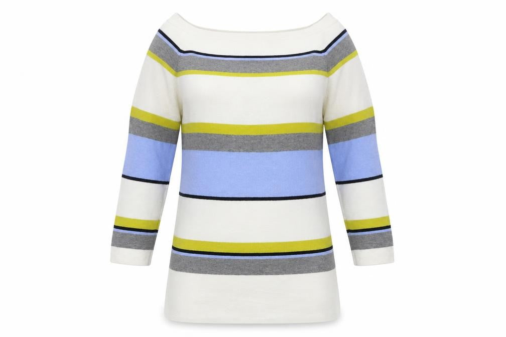 Front view of TU women’s white striped pullover sweatshirt, size UK 14