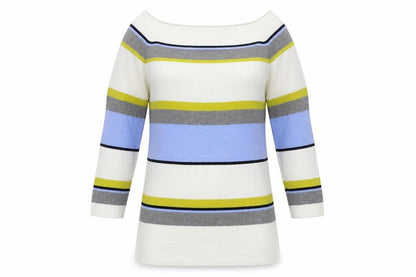 Front view of TU women’s white striped pullover sweatshirt, size UK 14