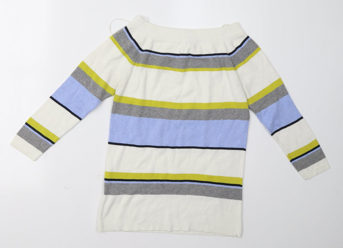 Back view of TU women’s white striped pullover sweatshirt, size UK 14