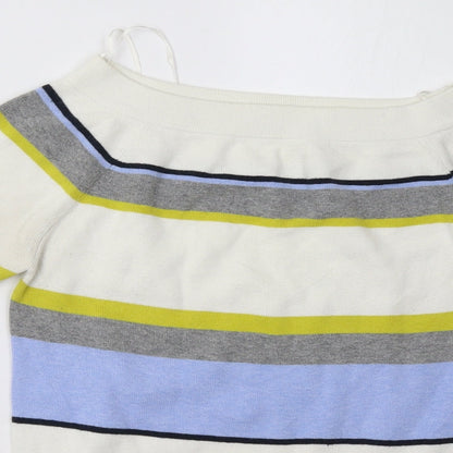 Close-up detail of TU women’s white striped pullover sweatshirt, size UK 14