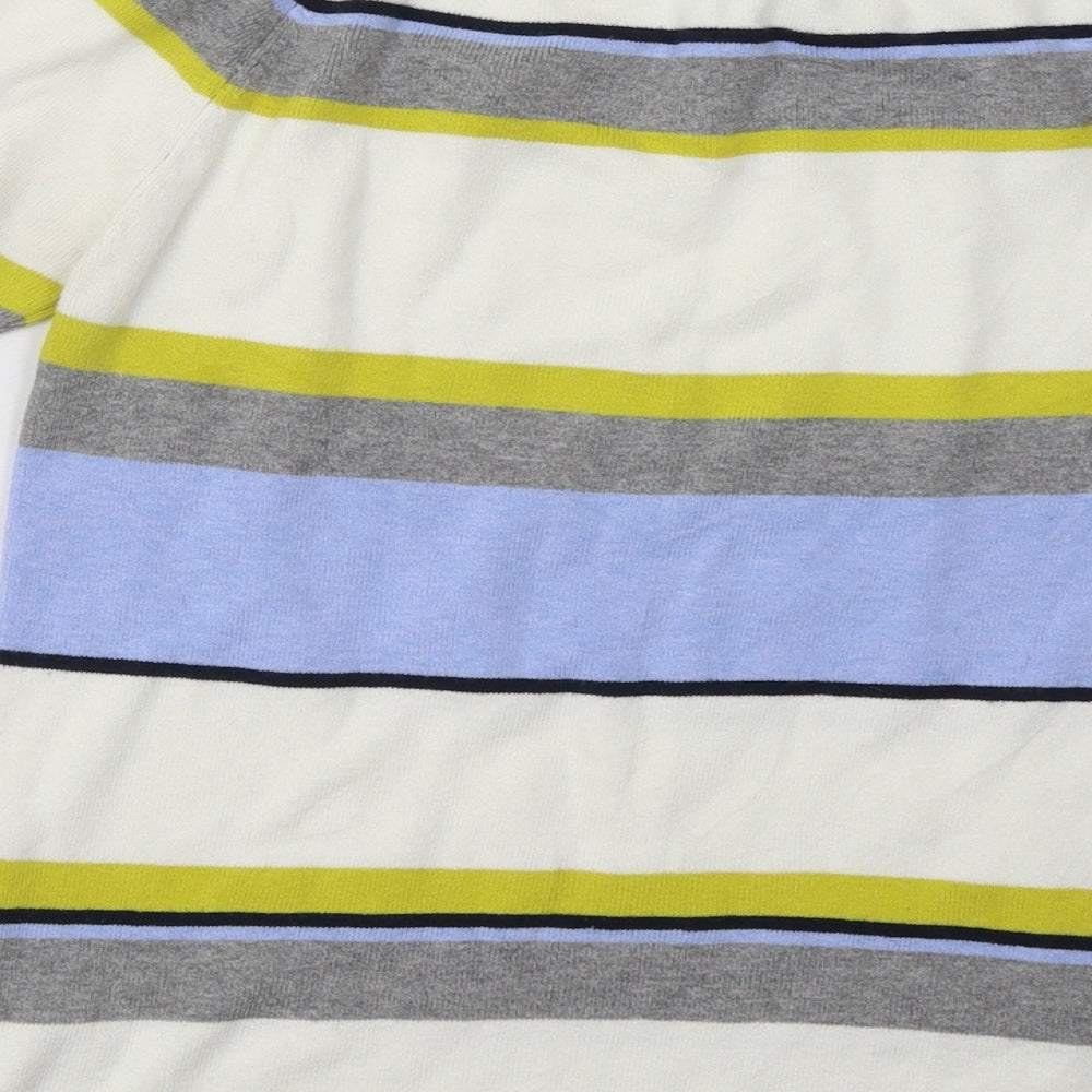 Brand and care label for TU women’s white striped pullover sweatshirt, size UK 14