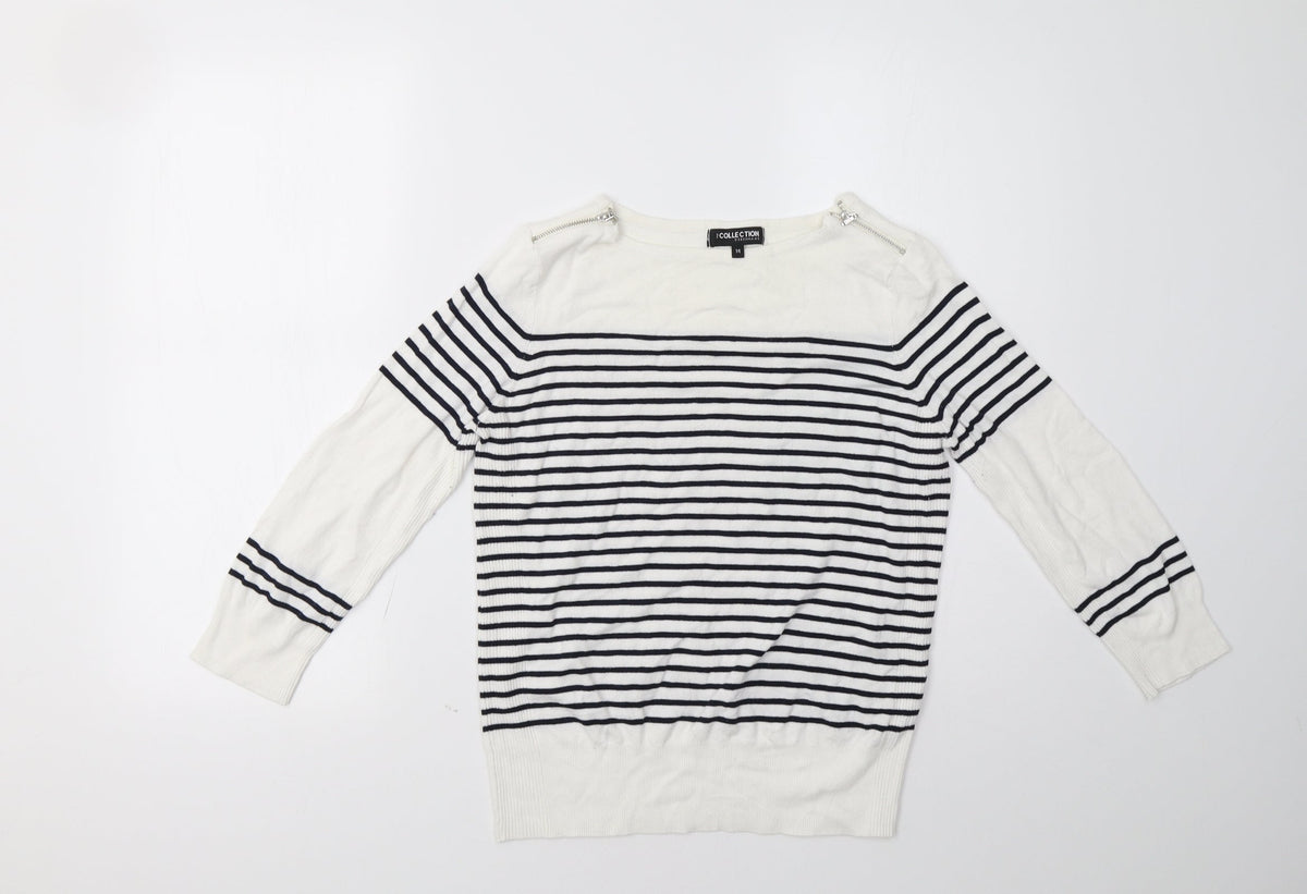 Additional front view of Debenhams women’s blue striped pullover sweatshirt, size UK 14
