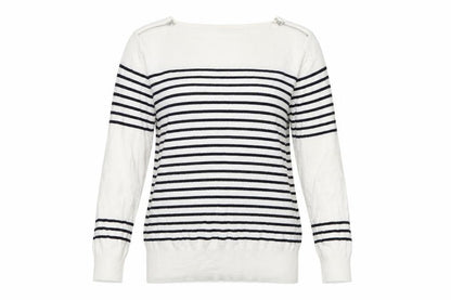 Front view of Debenhams women’s blue striped pullover sweatshirt, size UK 14