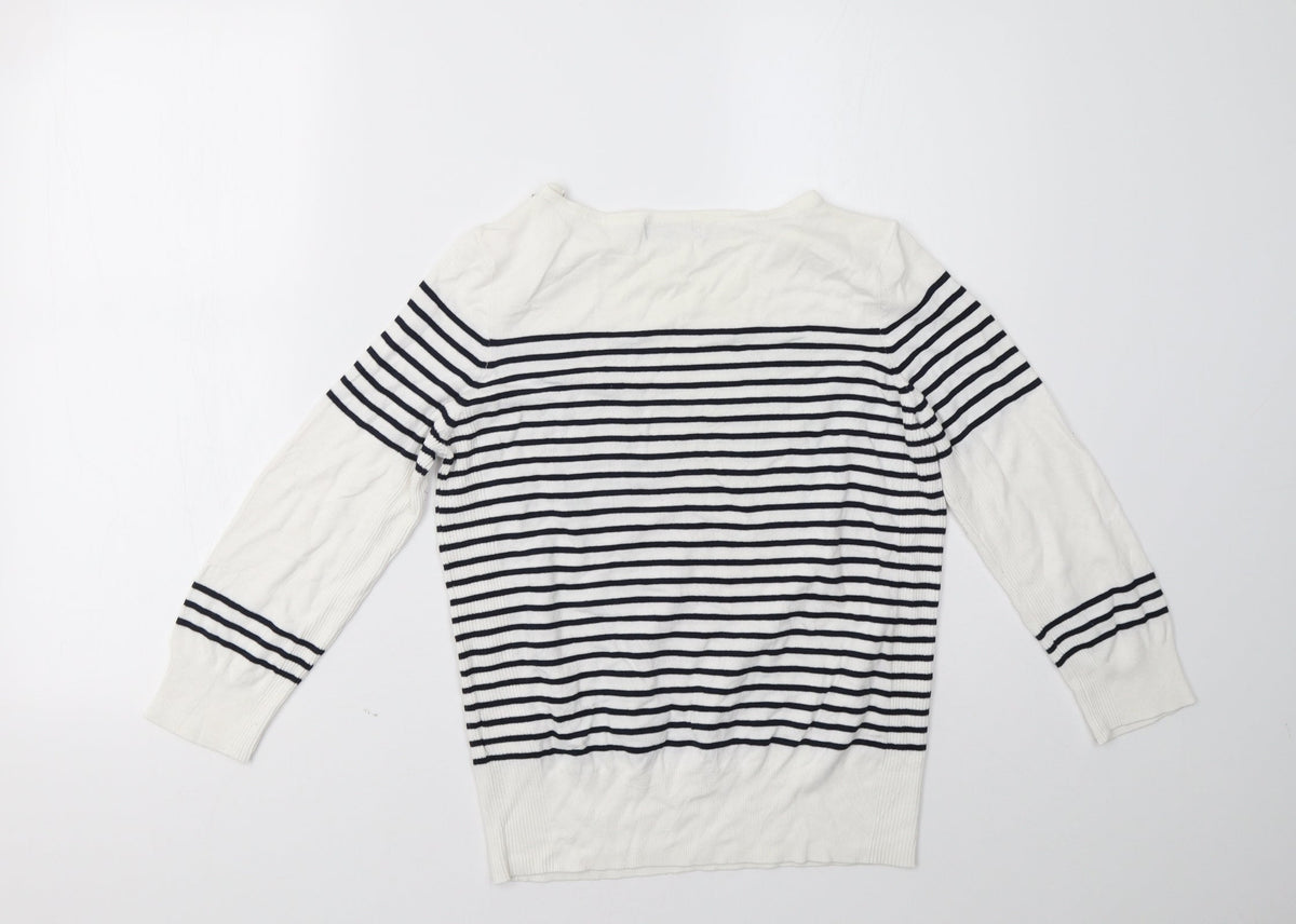 Back view of Debenhams women’s blue striped pullover sweatshirt, size UK 14