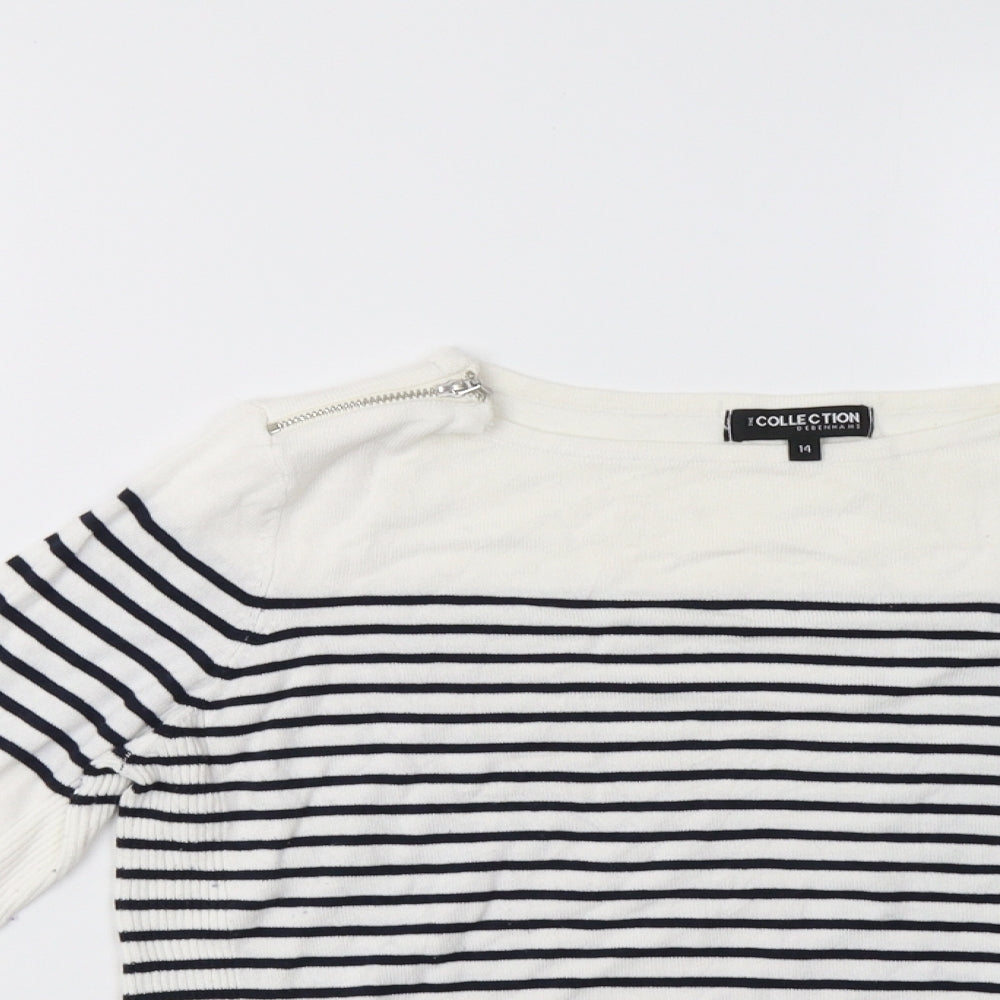 Close-up detail of Debenhams women’s blue striped pullover sweatshirt, size UK 14