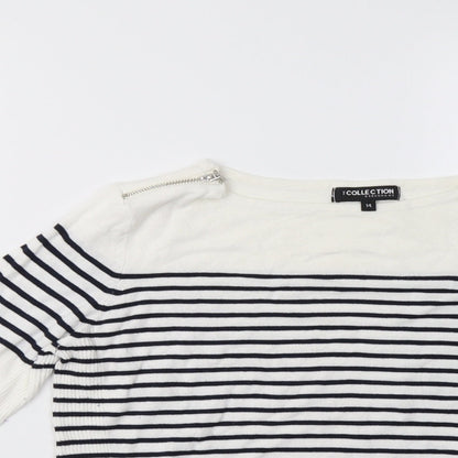 Close-up detail of Debenhams women’s blue striped pullover sweatshirt, size UK 14