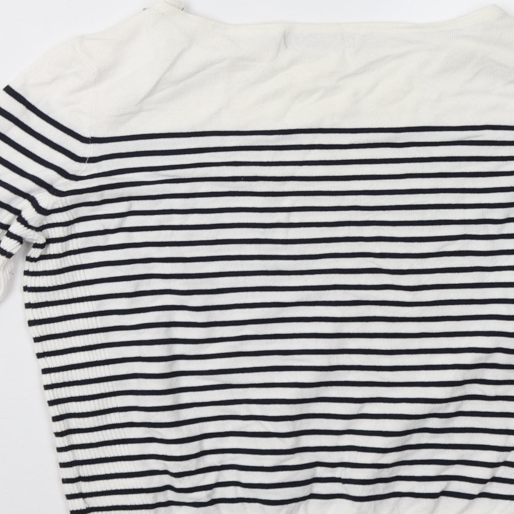 Brand and care label for Debenhams women’s blue striped pullover sweatshirt, size UK 14