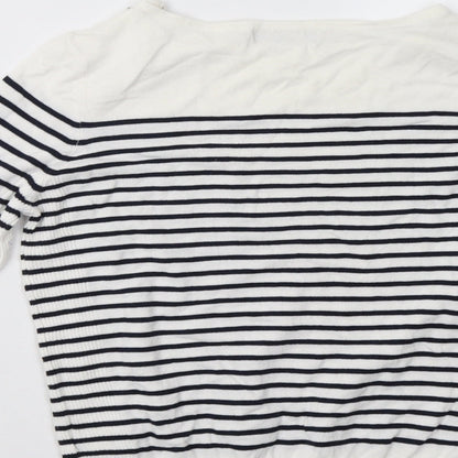 Brand and care label for Debenhams women’s blue striped pullover sweatshirt, size UK 14