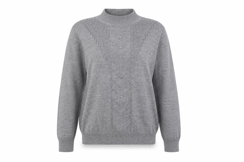 Front view of Lian women’s grey jumper, size M, - sequin detail