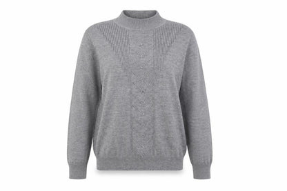 Front view of Lian women’s grey jumper, size M, - sequin detail
