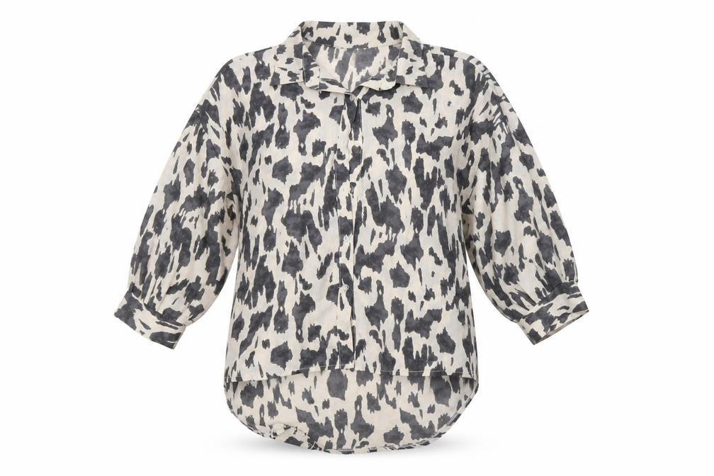 Front view of AX P women’s grey animal print basic button-up, size UK 10