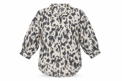 Front view of AX P women’s grey animal print basic button-up, size UK 10
