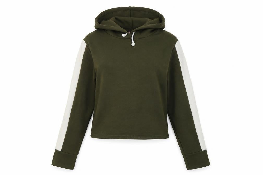 Front view of Fwemme Luxe women’s green pullover hoodie, size UK 8
