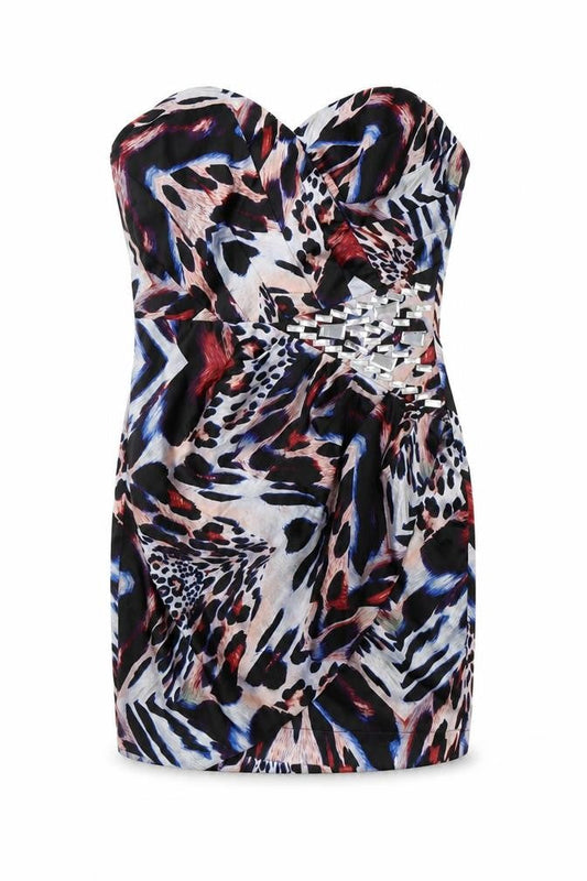 Front view of Lipsy women’s multicoloured animal print mini, size UK 10, - embellished