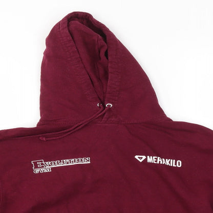 Close-up detail of MERAKILO women’s purple pullover hoodie, size S, - evolution gym