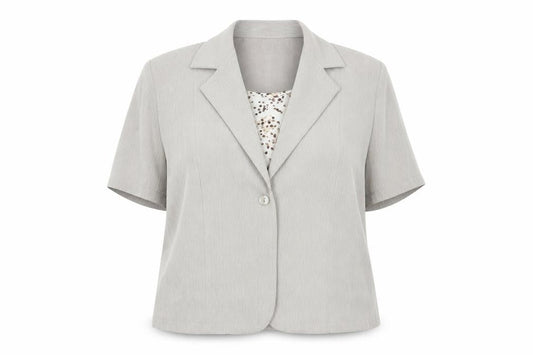 Front view of Berkertex women’s beige basic button-up, size UK 16, - faux blouse front
