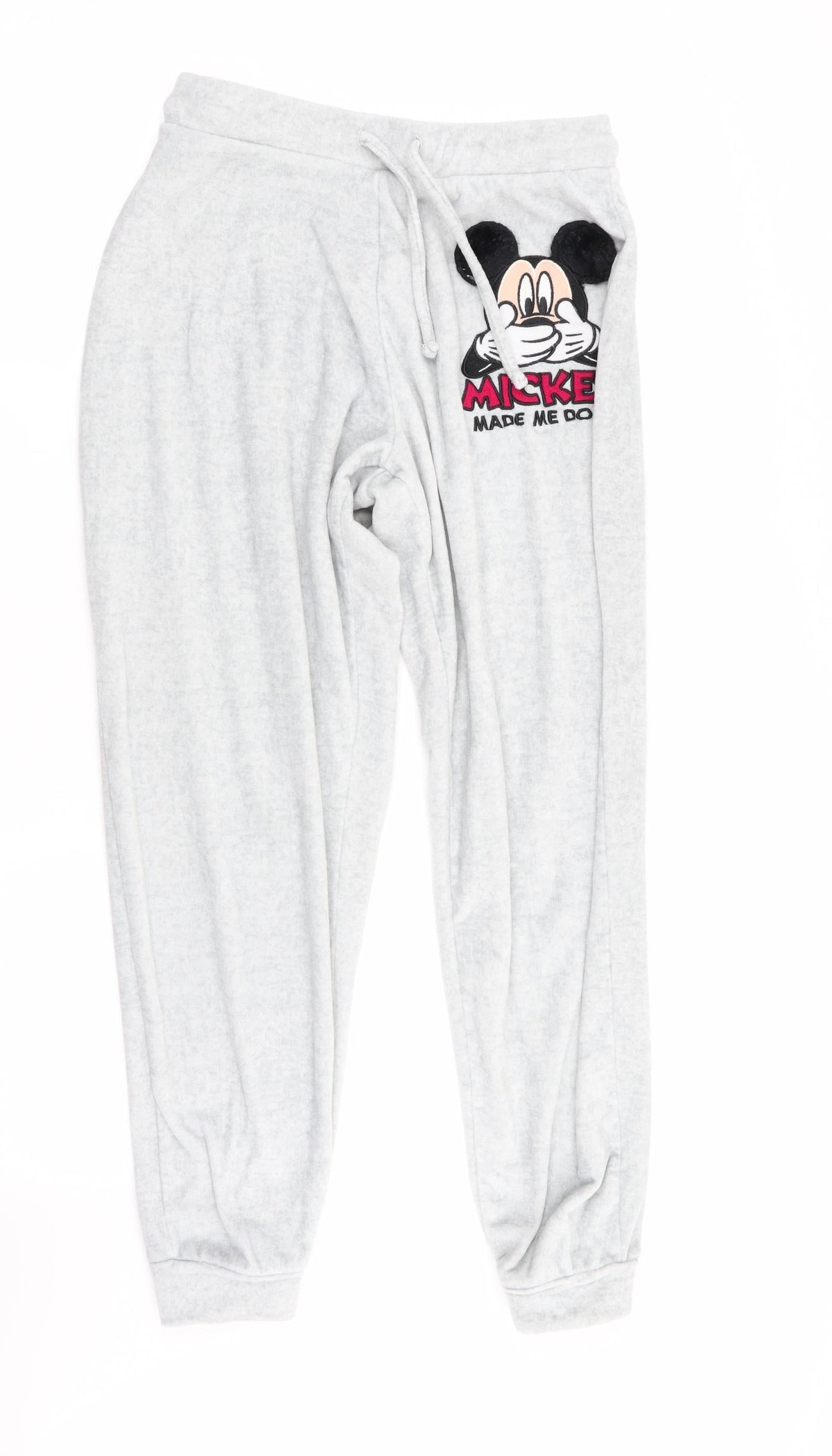 Front view of Love To Lounge women’s grey solid pyjama pants, size S, - mickey made me do it!